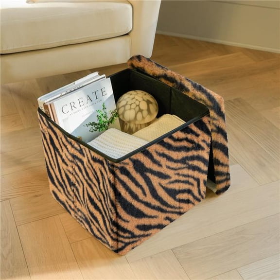 Go pouf 676685059420 Go-Poufs Knock-Down Medium Cube Faux Fur Storage Ottoman | Tiger Tan/White | 15'x15'x15'