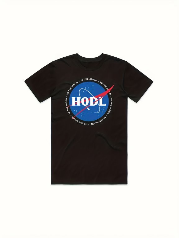 Go to the Moon Cryptocurrency Men's Casual Crewneck T-Shirt with Humorous Bitcoin and Dogecoin Design, Black T-Shirt for Cryptocurrency Enthusiasts