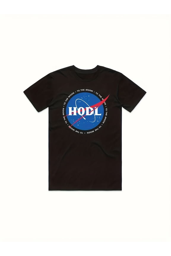 Go to the Moon Cryptocurrency Men's Casual Crewneck T-Shirt with Humorous Bitcoin and Dogecoin Design, Black T-Shirt for Cryptocurrency Enthusiasts