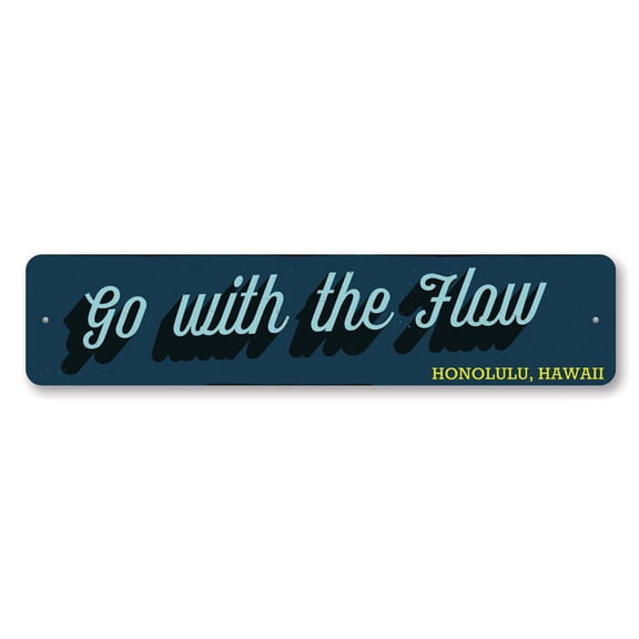 Go with The Flow Sign, Beach Location City State Sign, Custom Beach Attitude Beach House Aluminum Decor - 4x18 inches