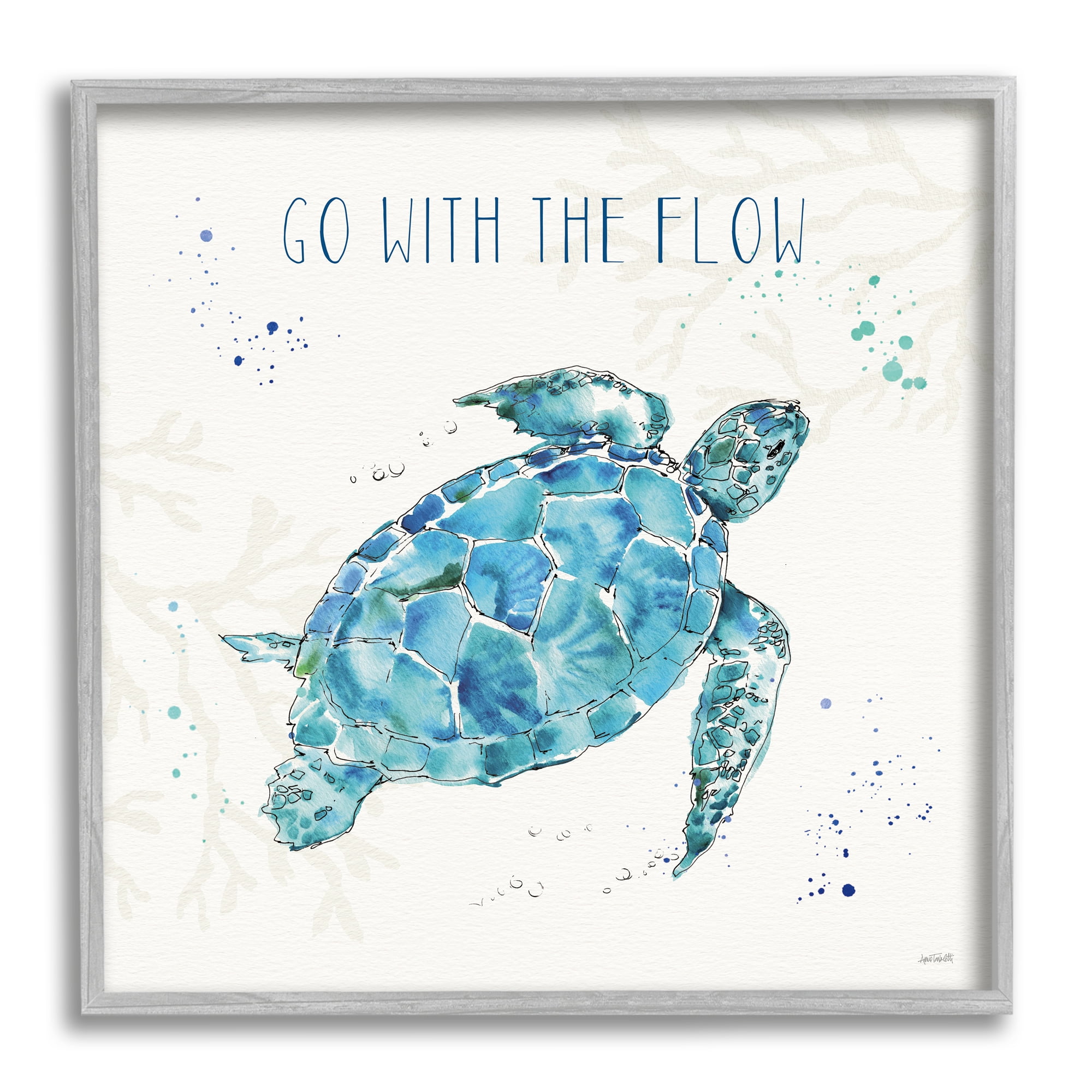 Go with the Flow Quote Turtle Tortoise Blue Green Watercolor Art for Kids Framed Art Print Wall Art, 17x17