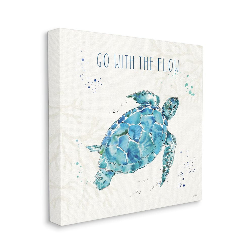 Go with the Flow Quote Turtle Tortoise Blue Green Watercolor Art for Kids Gallery-Wrapped Canvas Print Wall Art, 17x17