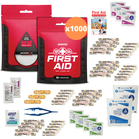 Go2Kits 1000-PACK 54 Piece First Aid Kit Featuring Assorted Bandages, Wipes and First Aid Basics in Compact Reusable Kits for Home, Office & Travel (1000 Pack)