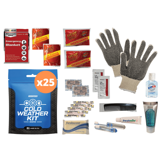 Go2Kits 25-Kits Homeless Charity Winter Hygiene Toiletry Kit with Hand Warmers, Knit Gloves, Space Blanket, Lip Balm & Other Personal Care Essentials (GO255)