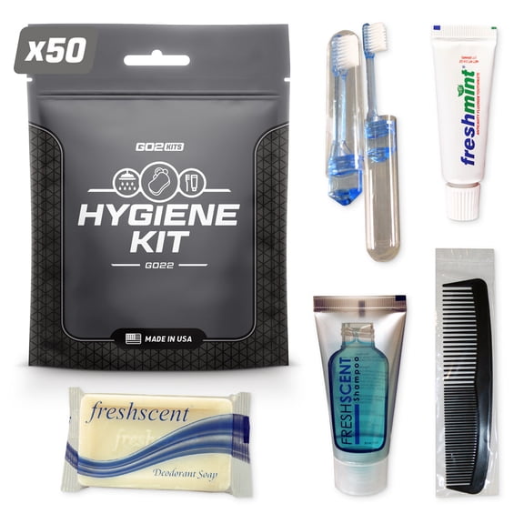 Go2Kits 50-PACK Hygiene Toiletry Travel PPE Kits for Travel, Business & Charity with Reusable Toothbrush, Bath Soap & Other Essential Toiletries