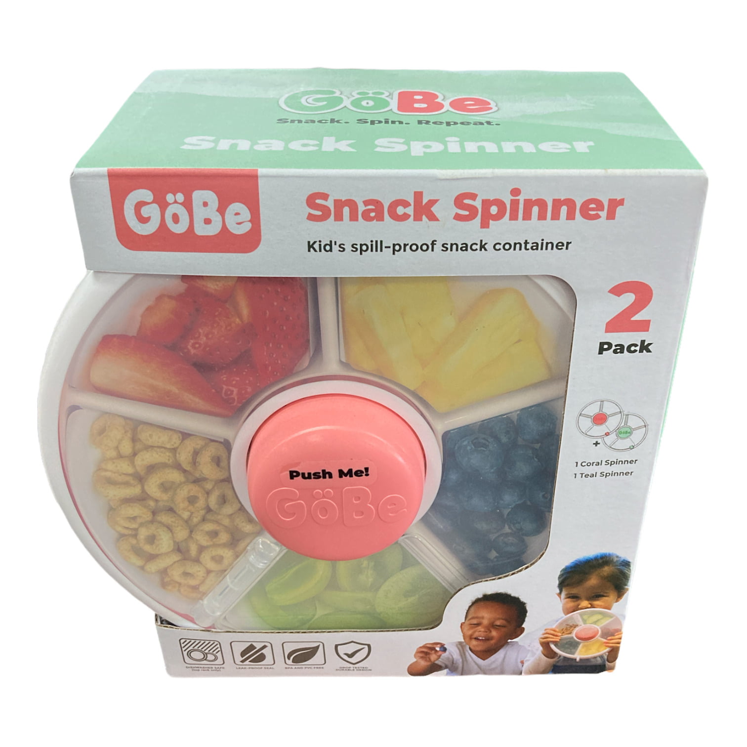 Gobe Snack Spinner Spill Proof Travel Container Dispenser 2-Pack Pink & Teal