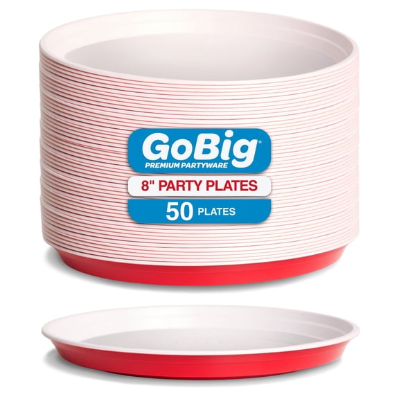 GoBig Red Plastic Disposable Plates - 50 Count 8 Inch - Round Heavy Duty Red Cup Party Plates