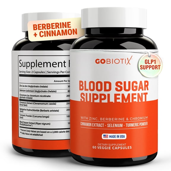 GoBiotix Blood Sugar Complex with Berberine, Cinnamon, Zinc, Selenium, Turmeric & Chromium, Dietary Supplement, 60 Pills, Metabolism Booster