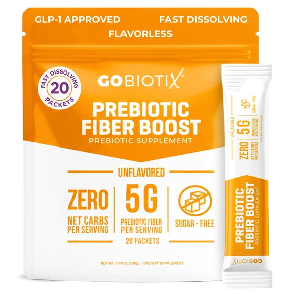 GoBiotix Fiber Supplement Prebiotic Powder Travel Packs, Sugar Free Fiber Powder for Digestive Health, 20 Count
