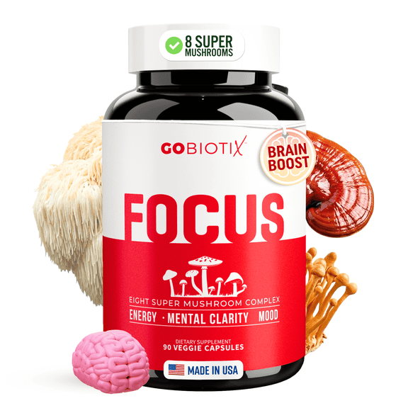 GoBiotix Focus 8 Mushroom Supplement Complex with Lion’s Mane & Reishi for Memory & Immune Support, 90 Ct