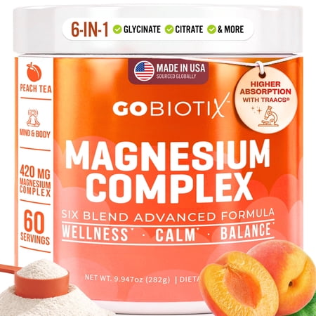GoBiotix Magnesium Complex Powder with Magnesium Glycinate & Citrate, Peach Tea Flavor, 60 Servings