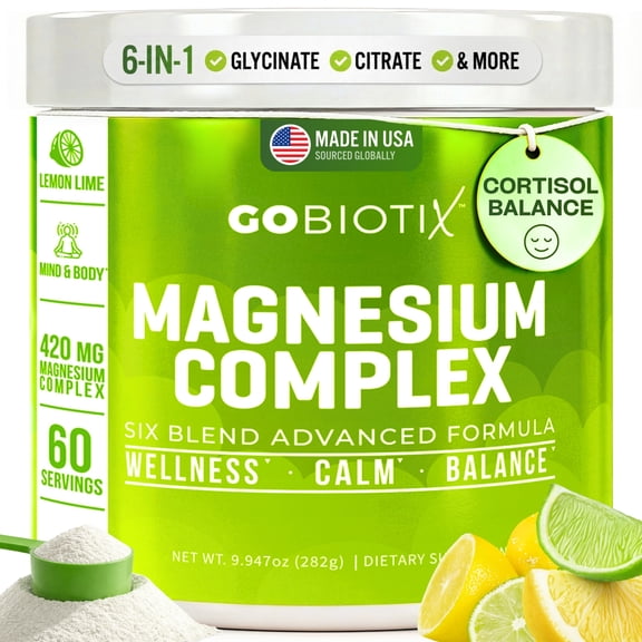 GoBiotix Magnesium Complex Powder with Magnesium Glycinate & Citrate, Lemon Lime Flavor, 60 Servings