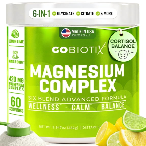 GoBiotix Magnesium Complex Powder with Magnesium Glycinate & Citrate, Lemon Lime Flavor, 60 Servings