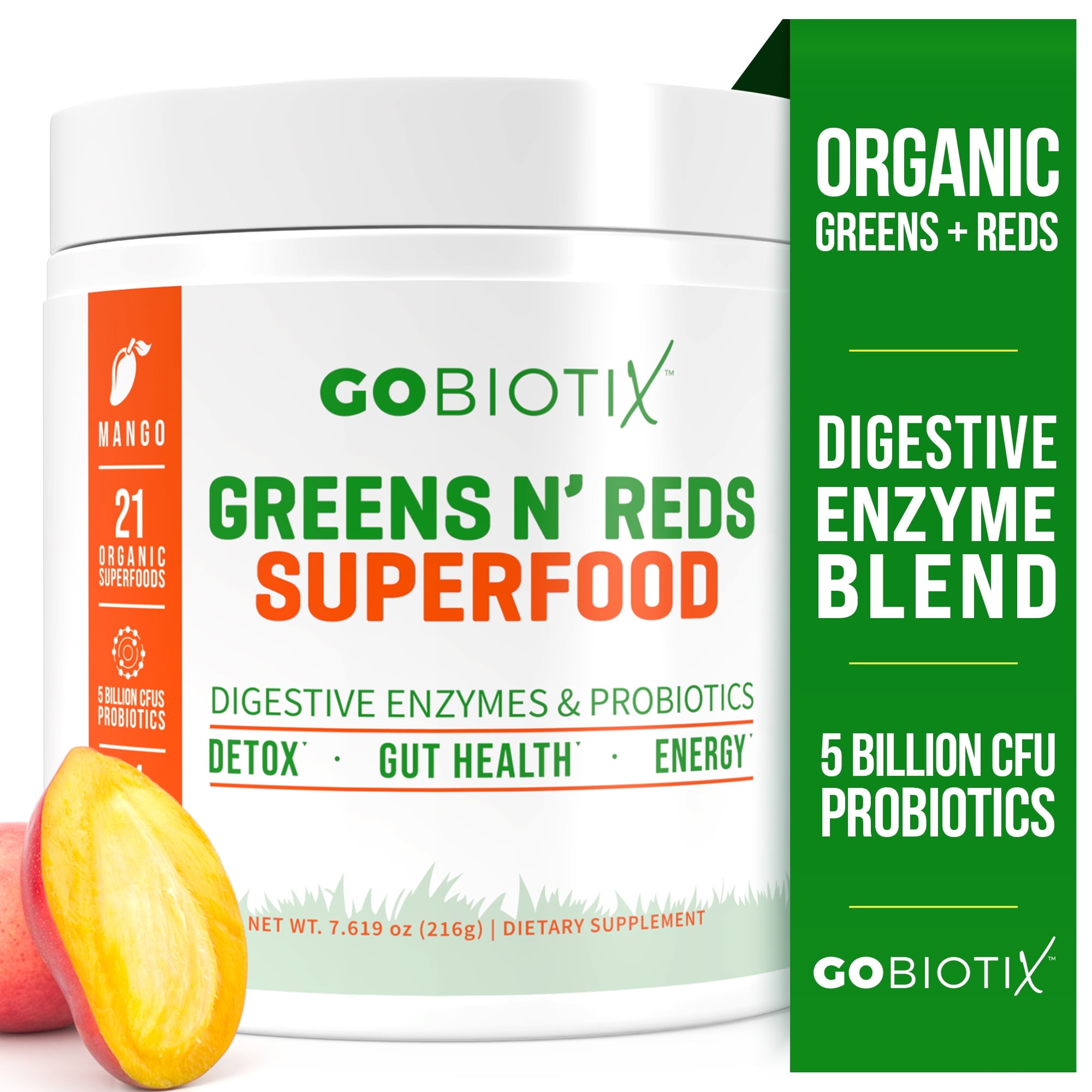 GoBiotix Super Greens & Reds Organic Super Greens Powder with Probiotics for Digestion, 30 Servings, Mango Flavor