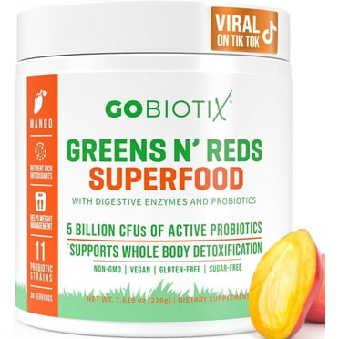 GoBiotix Super Greens & Reds Organic Powder Probiotic Supplement for Digestive Mango, 30 Servings