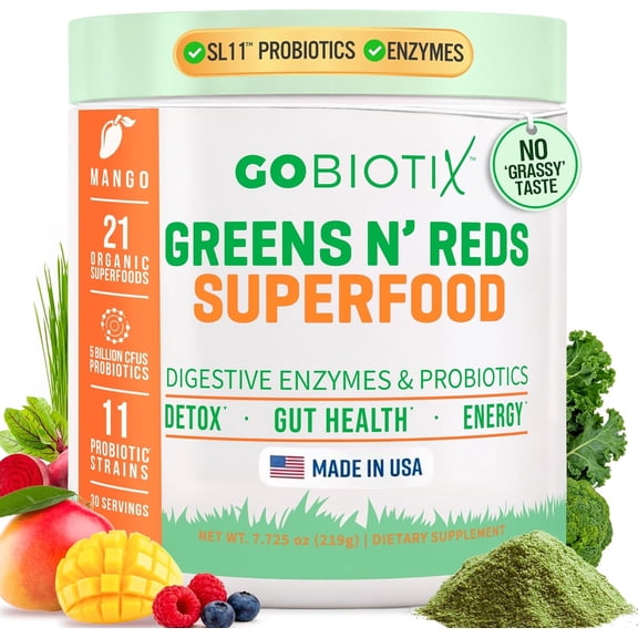 GoBiotix Super Greens & Reds Organic Super Greens Powder with Probiotics for Digestion, 30 Servings, Mango Flavor