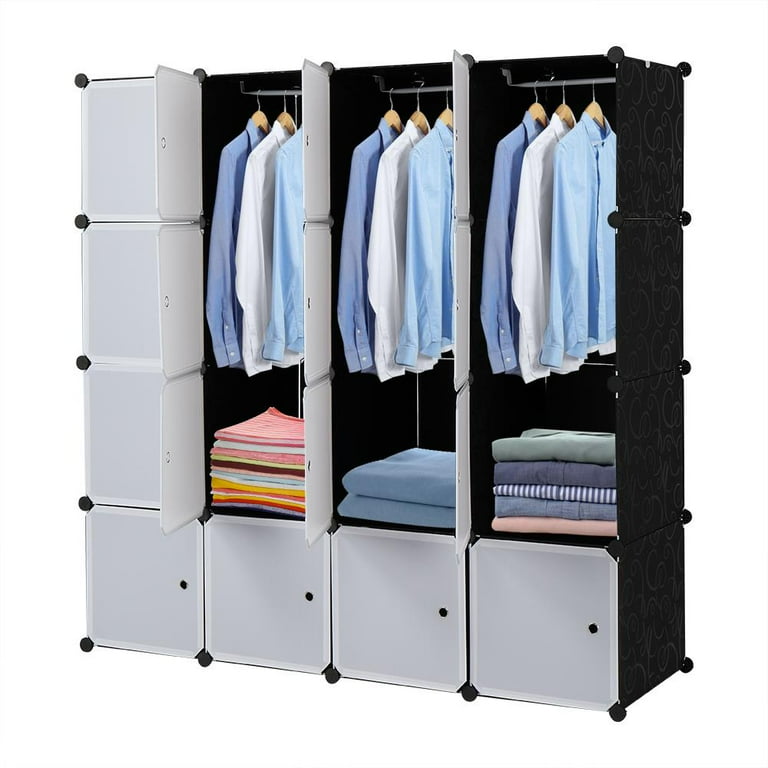 GoDecor 16 Cube Organizer Stackable Plastic Cube Storage Shelves Design Multifunctional Modular Closet Cabinet with Hanging Rod White Doors and Black