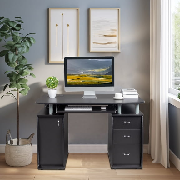 GoDecor 1pc Door with 3pcs Drawers Computer Desk, 15mm MDF Portable Multipurpose Study Workstation Office Desk, Black