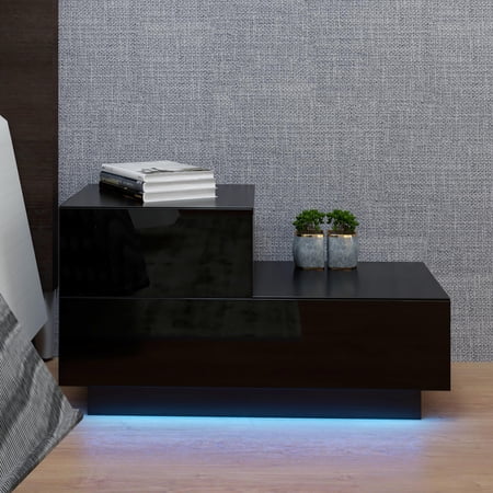 GoDecor 2-Drawer LED Night Stand Side Table End Table Bedside Side Cabinet for Living Room,Bedroom Black