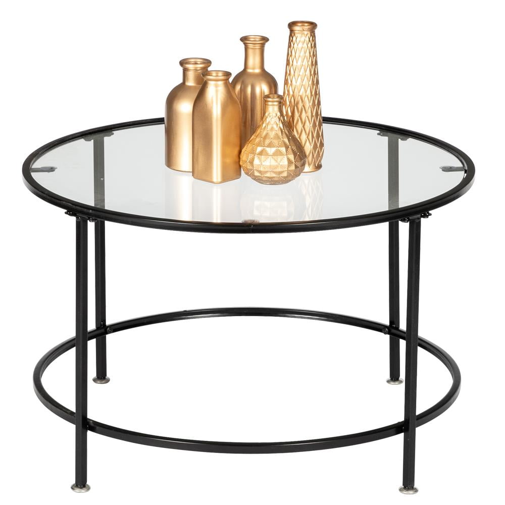 26" Round Tempered Glass Coffee Table with Black Metal Frame