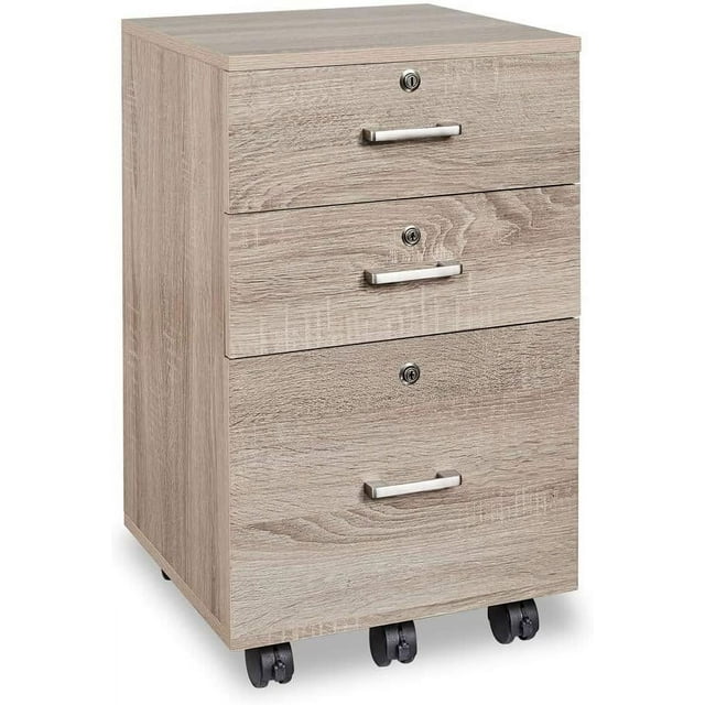 GoDecor 3-Drawer Rolling Wood File Cabinet with Lock,Oak