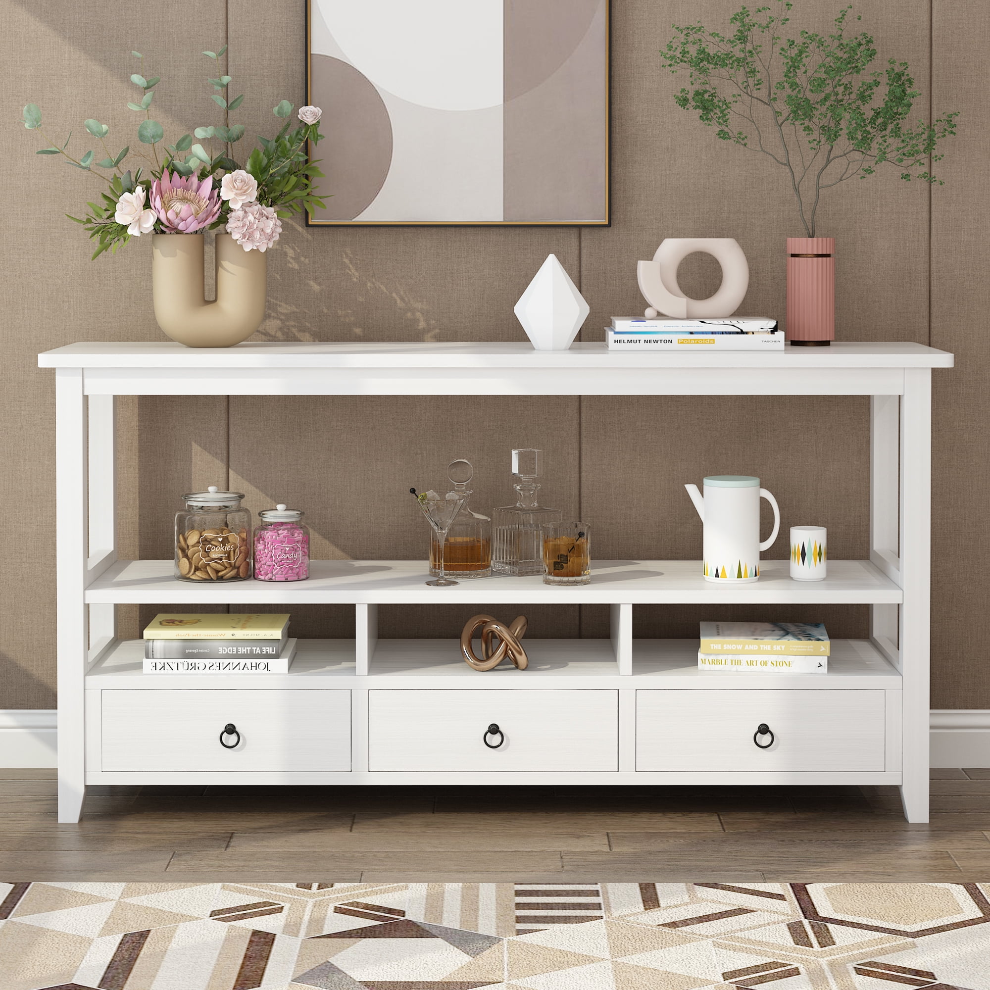 Antique White Wood Console Table with Storage Drawers and Shelves