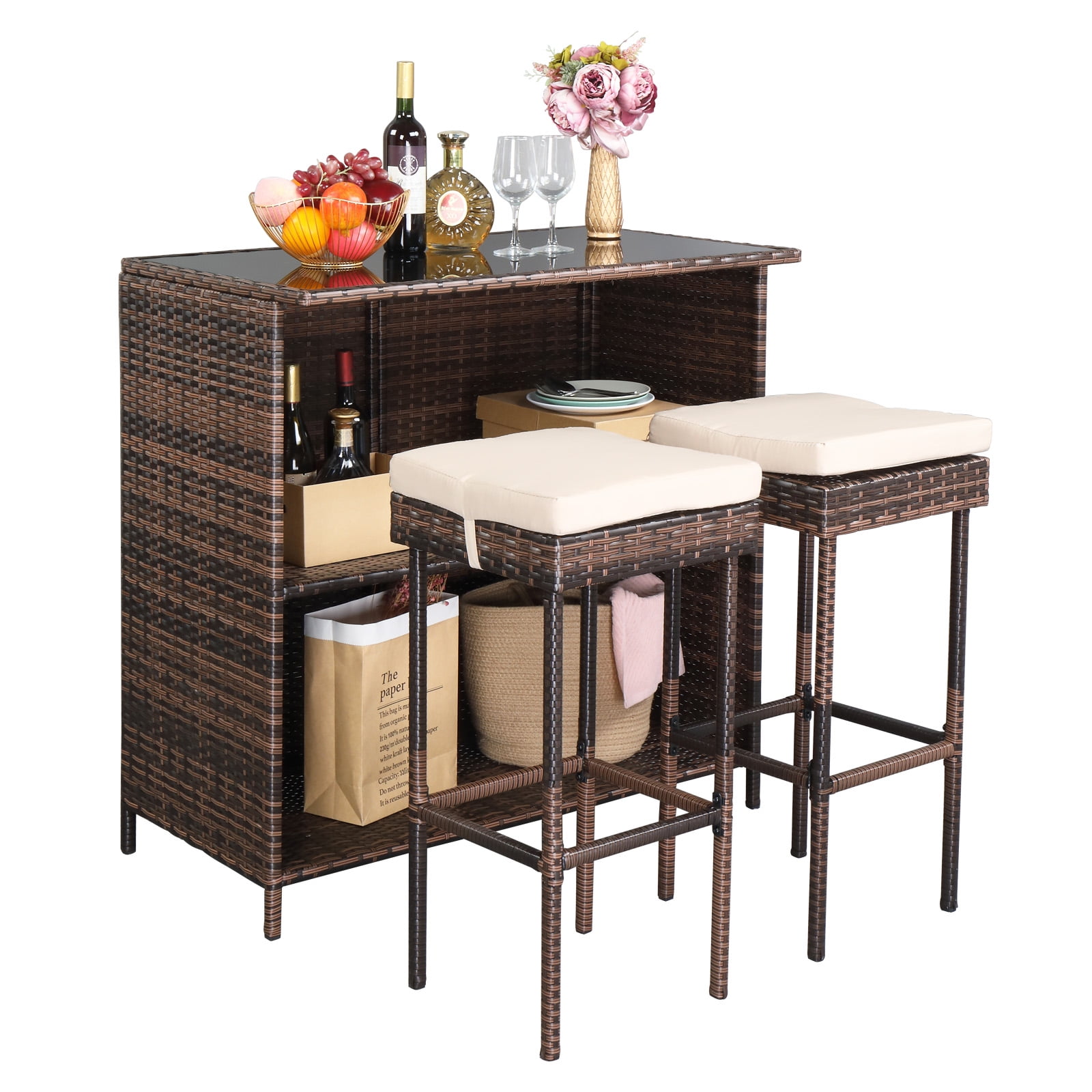 Off-white Cushioned Wicker Barstool Bistro Set with Glass Top Table