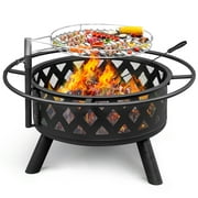 GoDecor 30 Inch Wood Burning Fire Pits with Steel BBQ Grill Cooking Grate, Spark Screen & Poker for Garden