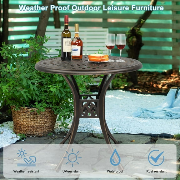 GoDecor 31" Round Outdoor Patio Dining Table Cast Aluminum Side Table with 2" D Umbrella Hole