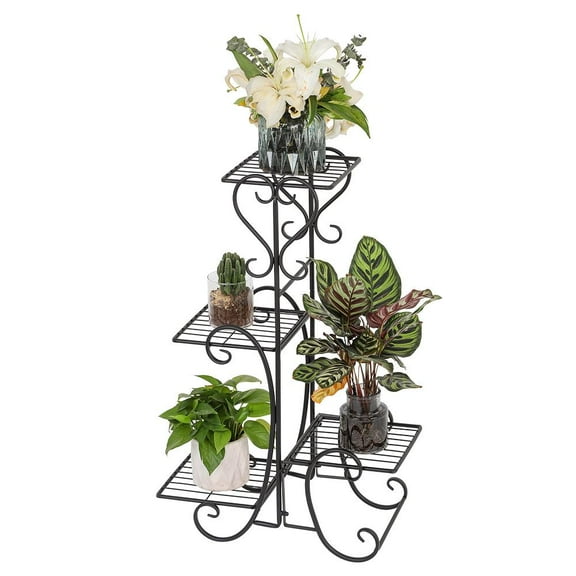 GoDecor 4 Potted Stripe Pattern Square Panel Flower Metal Shelves Plant Pot Stand Black