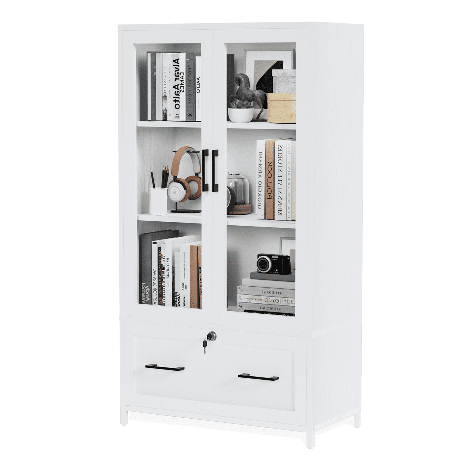GoDecor 4 Tier Modern File Cabinet Bookcase with Letter+Legal Size Drawer, Glass Door Bookshelf Storage with Adjustable Shelves, White