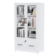 GoDecor 4 Tier Modern File Cabinet Bookcase with Letter+Legal Size Drawer, Glass Door Bookshelf Storage with Adjustable Shelves, White