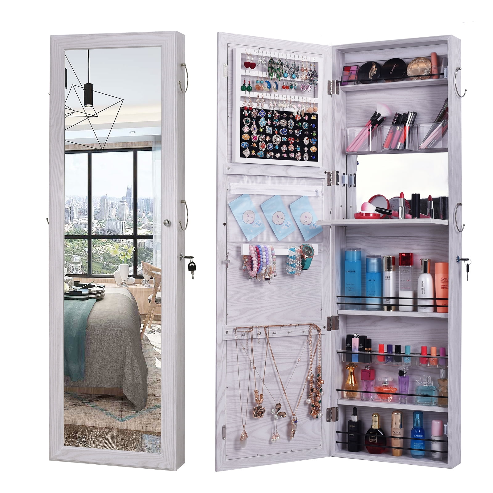 GoDecor 47" Mirror Jewelry Cabinet Organizer Cosmetic Makeup Storage Wall Mount Holder