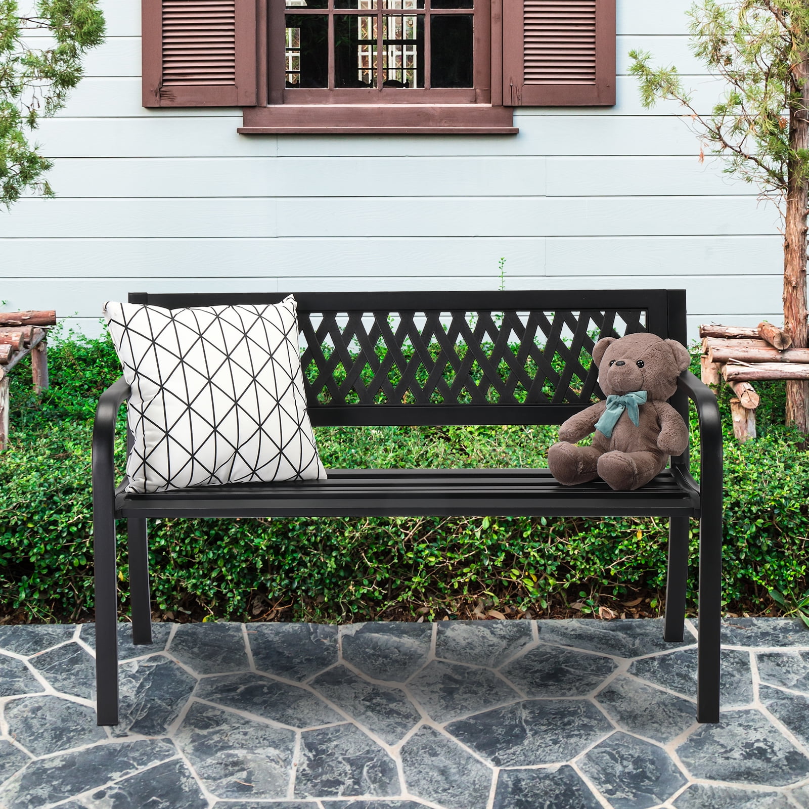 Black Iron 47-Inch Outdoor Garden Bench with PVC Backrest