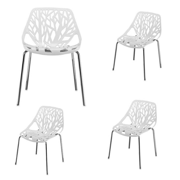 GoDecor 4pcs Modern Dining Side Chair Stackable Birch Sapling Accent Armless Bird's Nest Style White