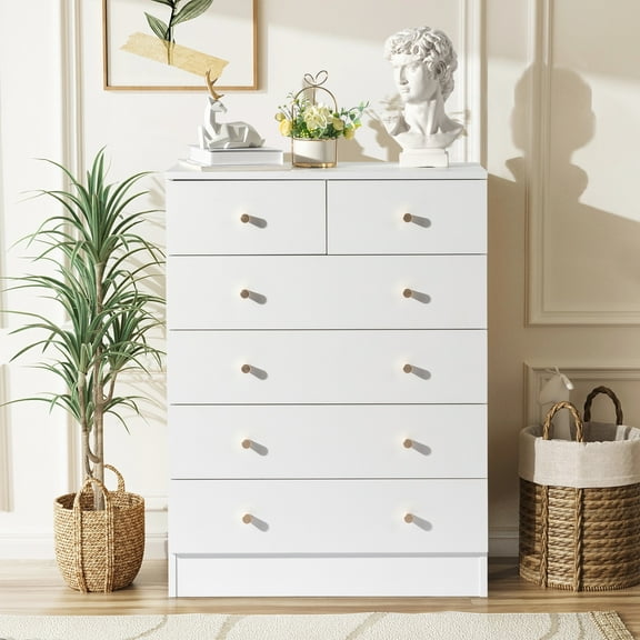 GoDecor 6-Drawers Dresser Chests, Modern Wood Chset of Drawers,Dressers Cabinet Organizer for Bedroom, Living Room,Hallway, White