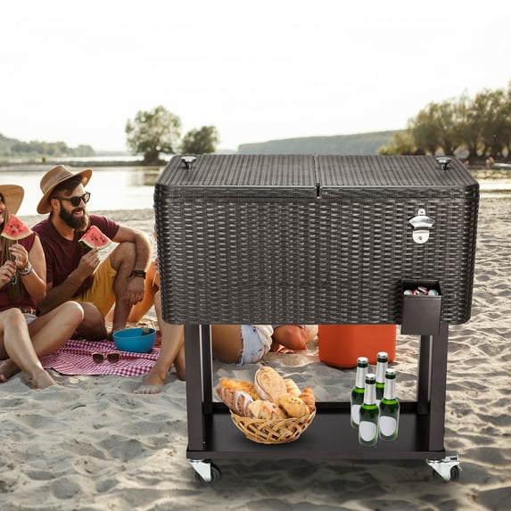 GoDecor 80 Quart Rattan Patio Rolling Cooler with Shelf Cooling Cart