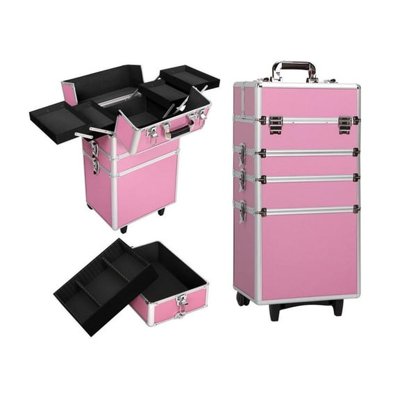 GoDecor Aluminum Travel Makeup Train Case Organizer with Wheels and Drawers,Pink