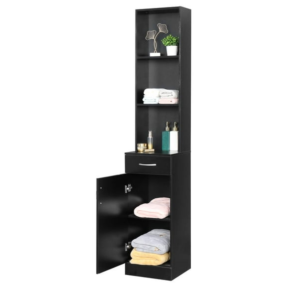 GoDecor Bathroom Floor Cabinet with 5-Shelf and Drawer, Freestanding Barber Station Salon Cabinet Beauty Spa Makeup Organizer, 13"L x 13"W x 70"H, Black