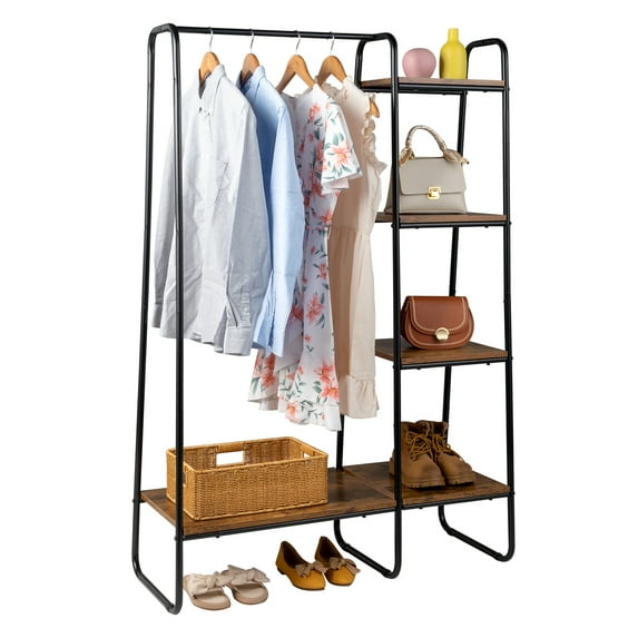 GoDecor Clothes Rack 4 Tiers Shelves Closet Garment Clothing Rack Hanging Clothes Freestanding Wardrobe Closet Organizer Black