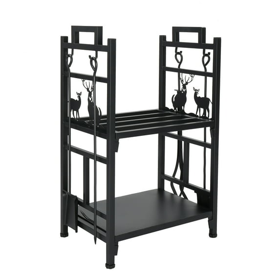 GoDecor Firewood Rack Indoor Fireplace with 4 Tools Wood Holder Bin Firewood Wrought Iron Fireplace Logs Holder Stove
