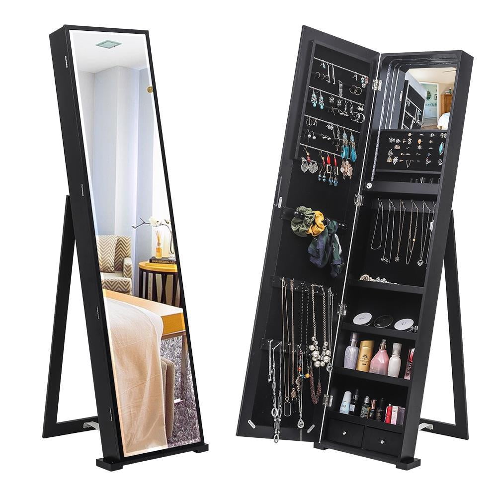 Black Painted MDF Freestanding Jewelry Armoire with Mirror