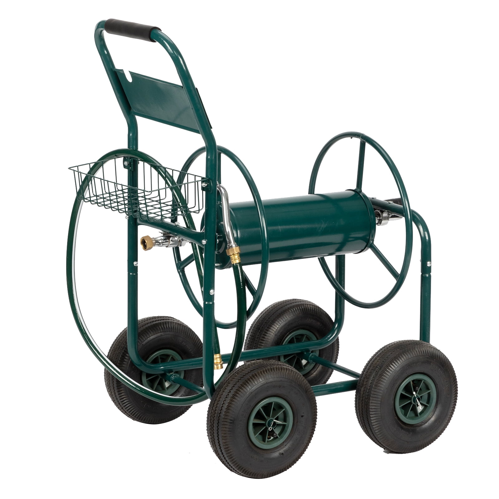 Green Steel Manual Crank Hose Reel Cart with Pneumatic Tires
