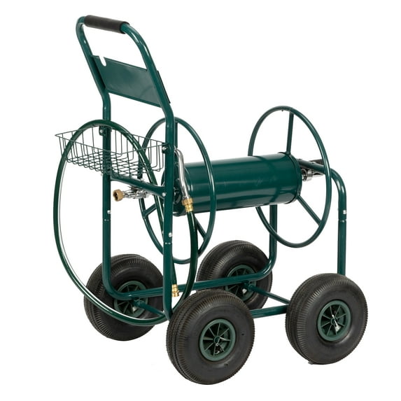 GoDecor 4-Wheel Iron Hose Cart, Dark Green Pipe Truck with Smooth Rolling Wheels for Easy Yard Mobility
