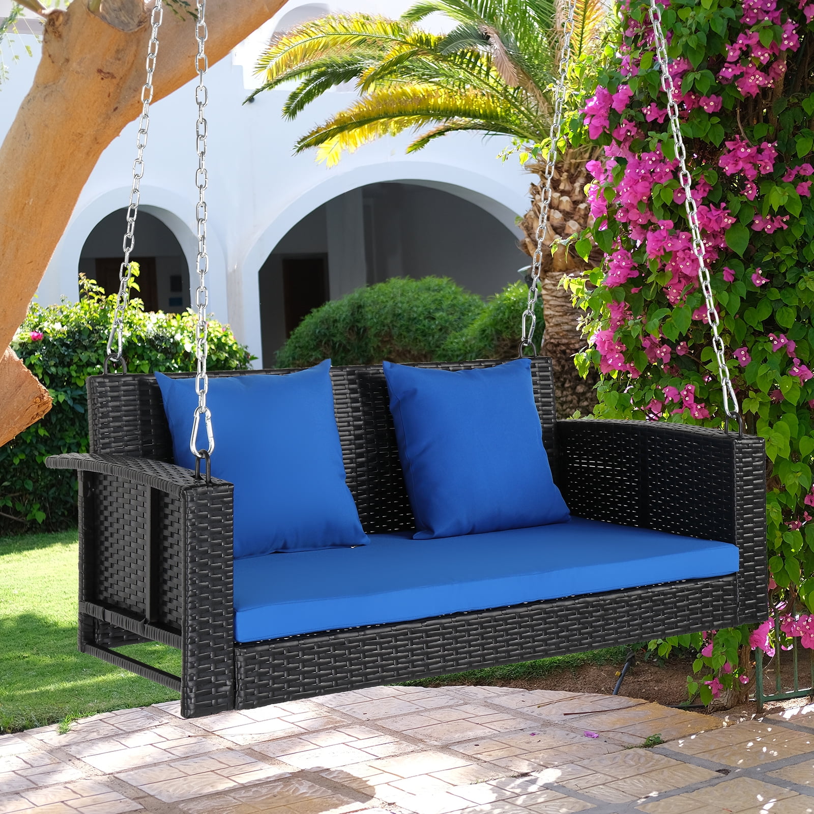 GoDecor Heavy Duty Hanging Swing Bench, Wicker Swing for Porch Garden Patio Outdoor w/ Blue Cushion Hold Up to 800 lbs, Black