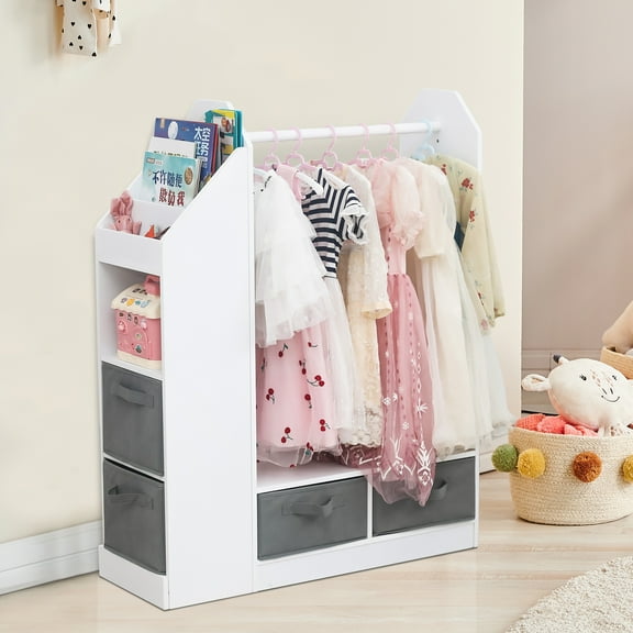 GoDecor Kids Dress up Storage Hanging Armoire Dresser Costume Closet with Mirror & Toy Bins, Side Bookshelves, 4 Drawers, Wooden Garment Rack, White Finish
