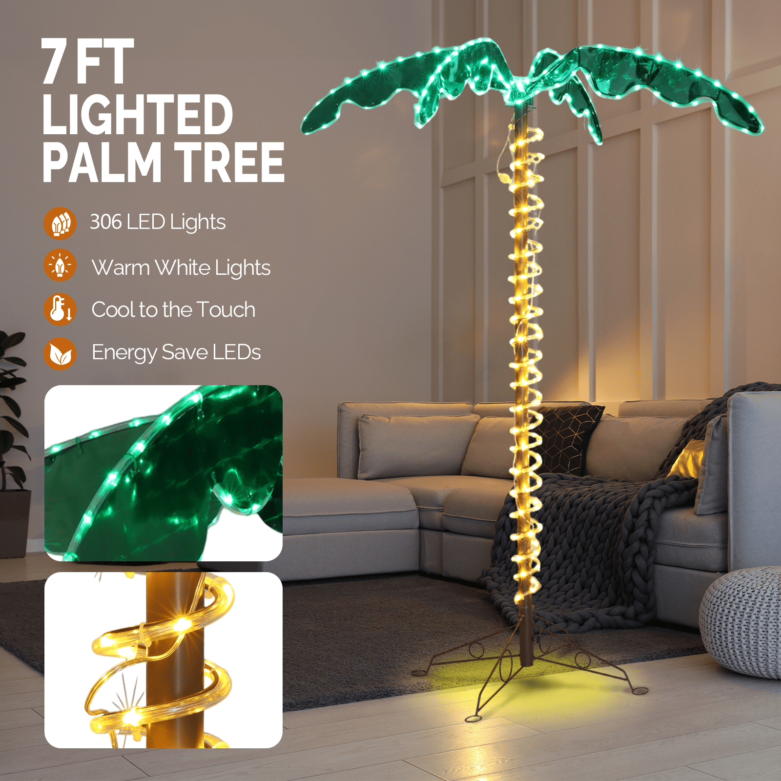 GoDecor LED Rope Light Palm Tree with Lighted Holographic Trunk and