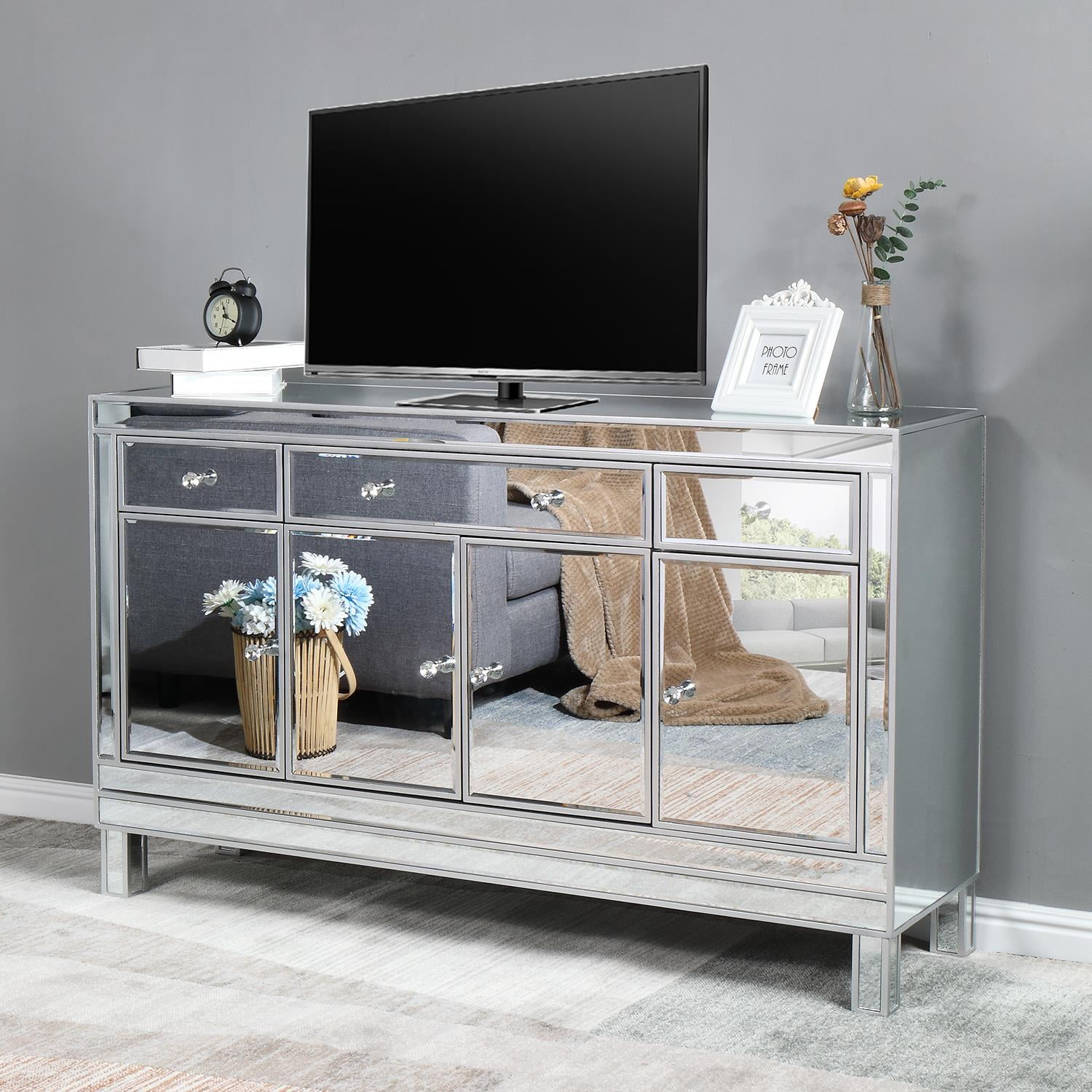 GoDecor Mirrored Glass TV Stand Console Table with 3 Drawers 4 Doors