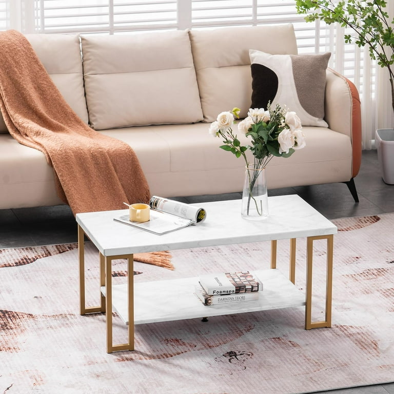GoDecor Modern Retangle Coffee Table with Faux Marble Top for Living Rooms Bedrooms Entryways Decor White Marble and Gold Walmart