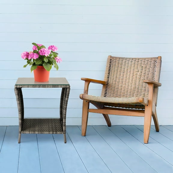 GoDecor Patio Side Table, Wicker Conversation Table with 2 Tiers for More Storage Space, Garden Table, Gray